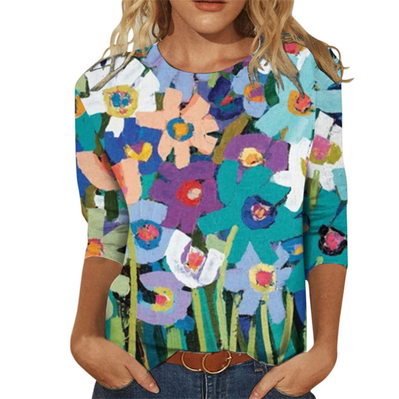 Women's Fashion Round Neck Mid-sleeve Loose Printed T-shirt Top