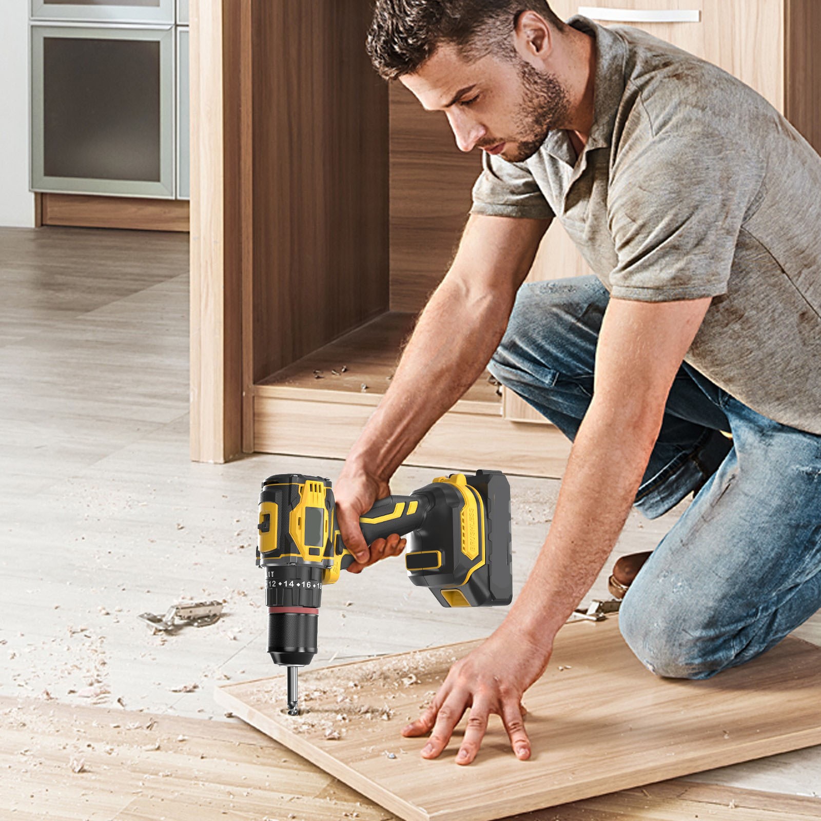 Cordless Drill Brushless Impact Driver Set 52Nm Combi Kit & 2x Batteries & Bits