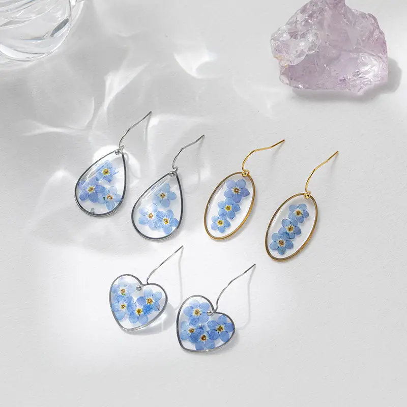 Dried Flower Resin Drop Earrings in Heart, Teardrop, and Oval Shapes