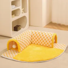 2 In 1 Dog Cat Bed Tunnel Cute Fan Shaped Pet Bed Funny Plush Plaid - Yellow - View 1