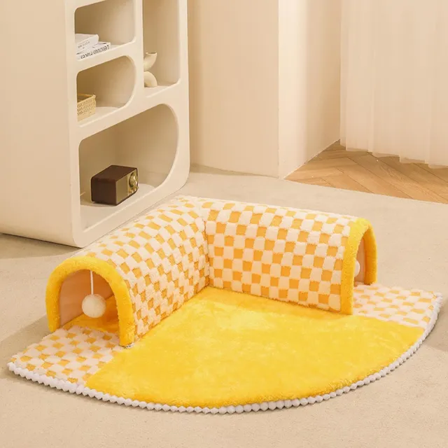 2 In 1 Dog Cat Bed Tunnel Cute Fan Shaped Pet Bed Funny Plush Plaid Yellow - Shop at LoveMi