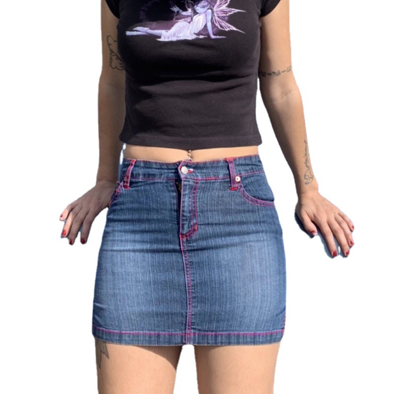 Pocket Symmetrical Personality Butterfly Embroidery Slit Denim Hip  Skirt