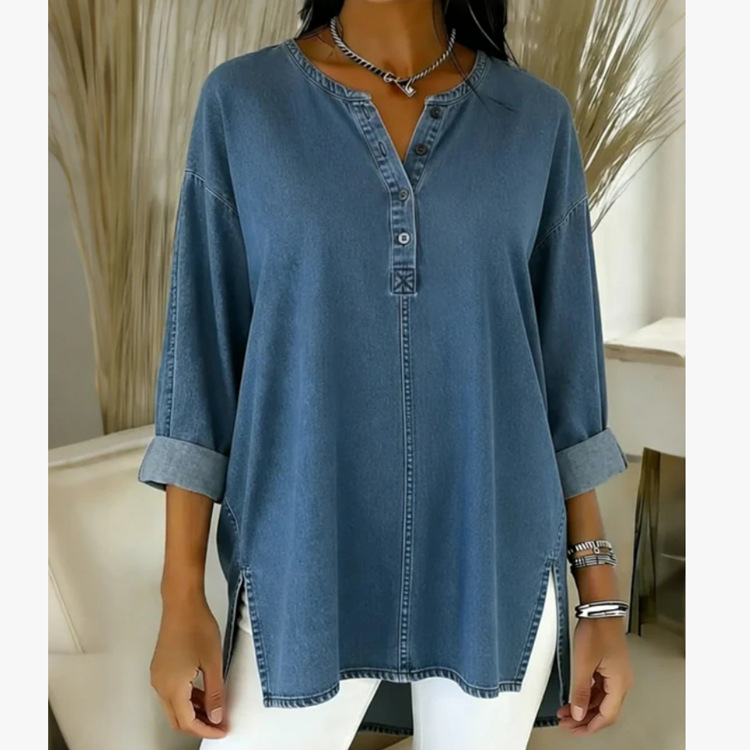Washed Denim Irregular Long Sleeved Women's Shirt