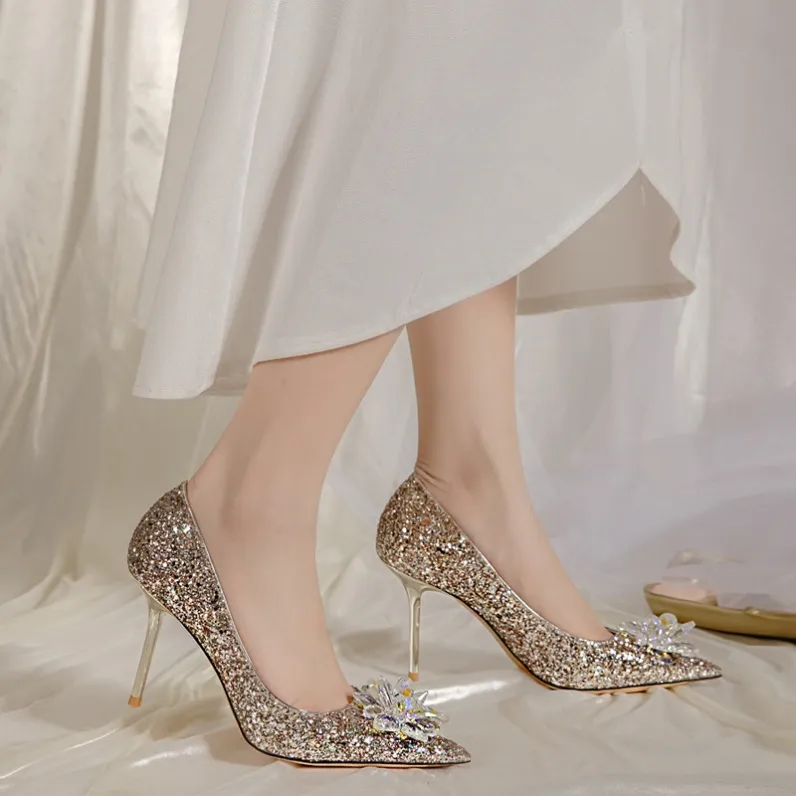 French Wedding Bridesmaid Crystal Stiletto Heels - Gold