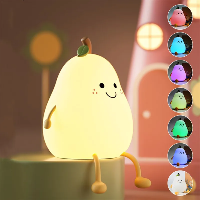 LED Pear Fruit Night Light USB Rechargeable Dimming Touch Silicone Table Lamp Bedroom Bedside Decoration Couple Gift Boby Light – image 2