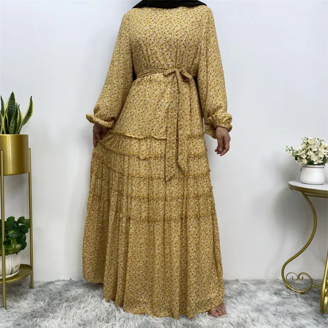 Middle Eastern Fashion Classic Fragmented Flower Dress Yellow - Shop at LoveMi