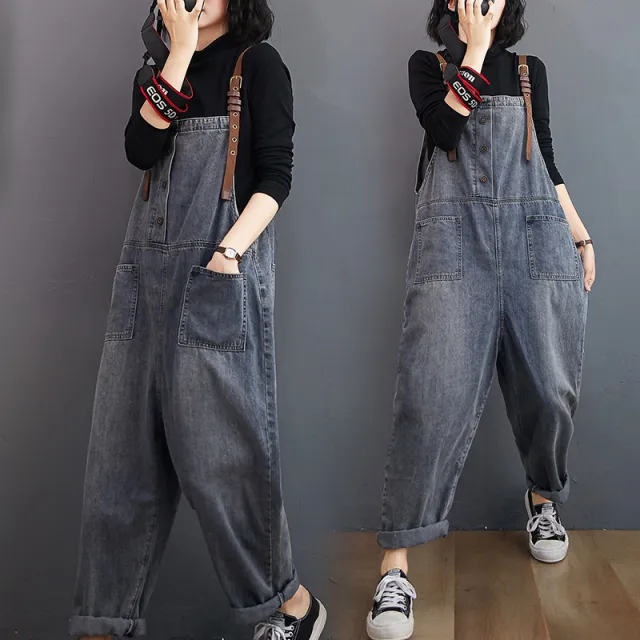 Women's Loose washed Nine point Denim Overalls Grey - Shop at LoveMi