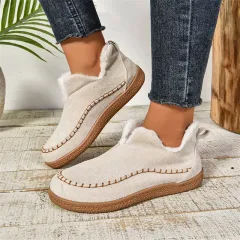 Fashion V-cut Plush Ankle Boots Winter Plus Velvet Flat Snow Boot Casual Warm Solid Suede Cotton Shoes For Women - White - View 1