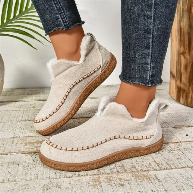 Fashion V cut Plush Ankle Boots Winter Plus Velvet Flat Snow Boot Casual Warm Solid Suede Cotton Shoes For Women White - Shop at LoveMi