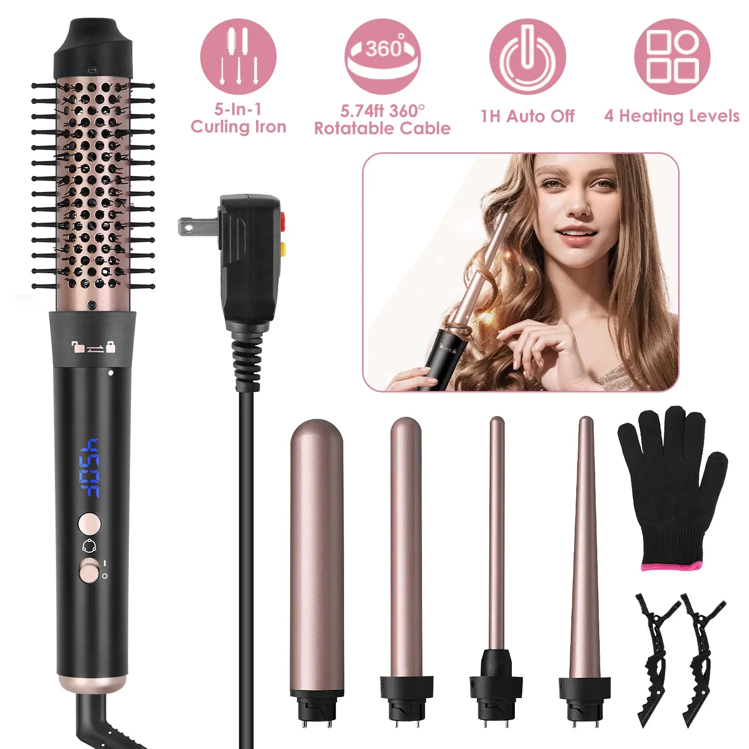 2 Type Options--1Pc 5 In 1 Curling Wand Hair Curling Iron Brush Anti-Tangle Hair Thermal Brush Curler With 4 Heating Levels 360 Degree Rotatable Cable 5 Interch