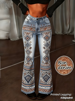 Pantalon évasé femme rétro imprimé, taille haute à bouton unique – Color1, XXL
