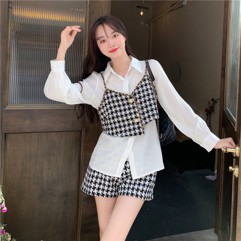 Houndstooth Camisole Long Sleeve Shirt Casual Wide Leg Shorts Trendy