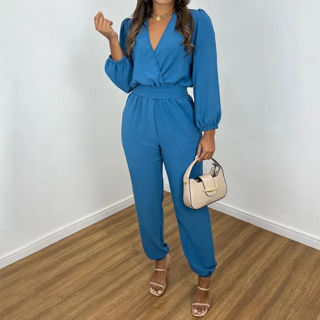 Women's Fashionable Elegant V neck Solid Color Long Sleeve High Waist Cropped Jumpsuit Blue - Shop at LoveMi