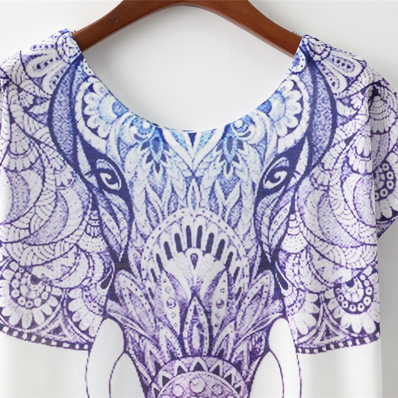 Title 5, Summer New Blue Pattern Elephant Round Neck Sho...