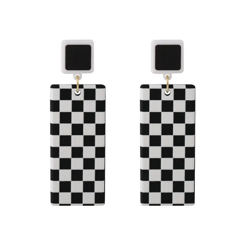 Fashion Personality Black And White Lattice Geometric Square Earrings