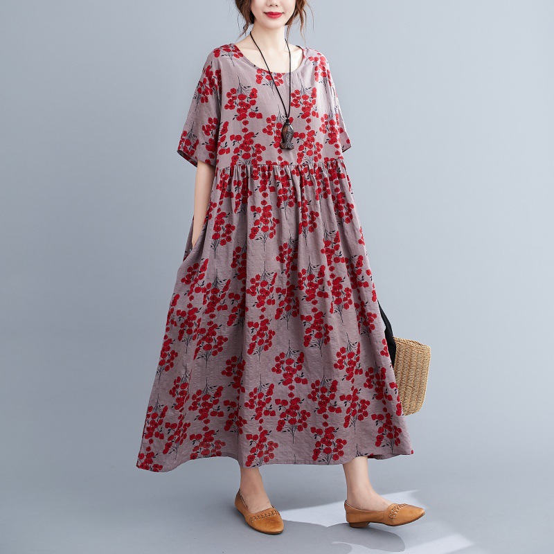 Dress A-Line Skirt Print Long Skirt Round Neck Short Sleeve Dress