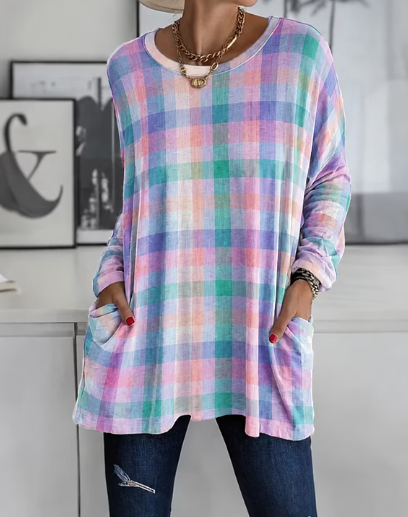 Pastel Multicolor Plaid Long Sleeve Tunic Top With Pockets product image