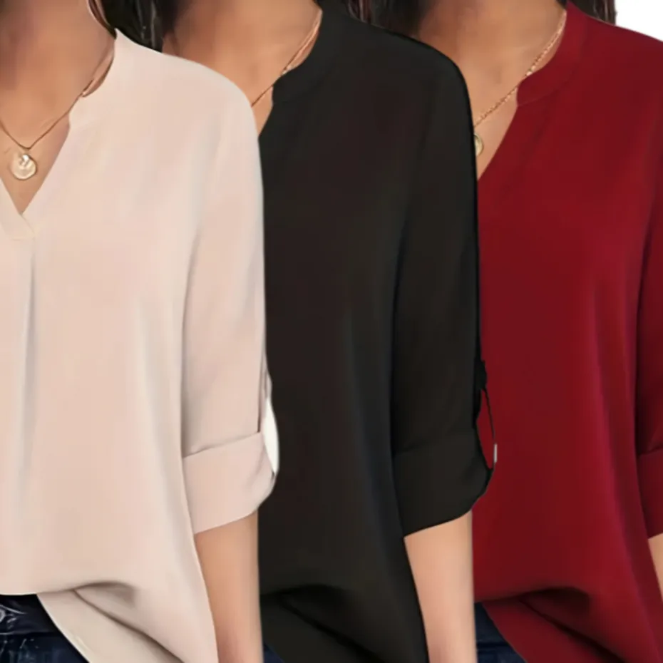 Chic Solid V-Neck Blouse - Fashionable Simplicity For Women - Relaxed Casual Long Sleeve Style Set - Set1