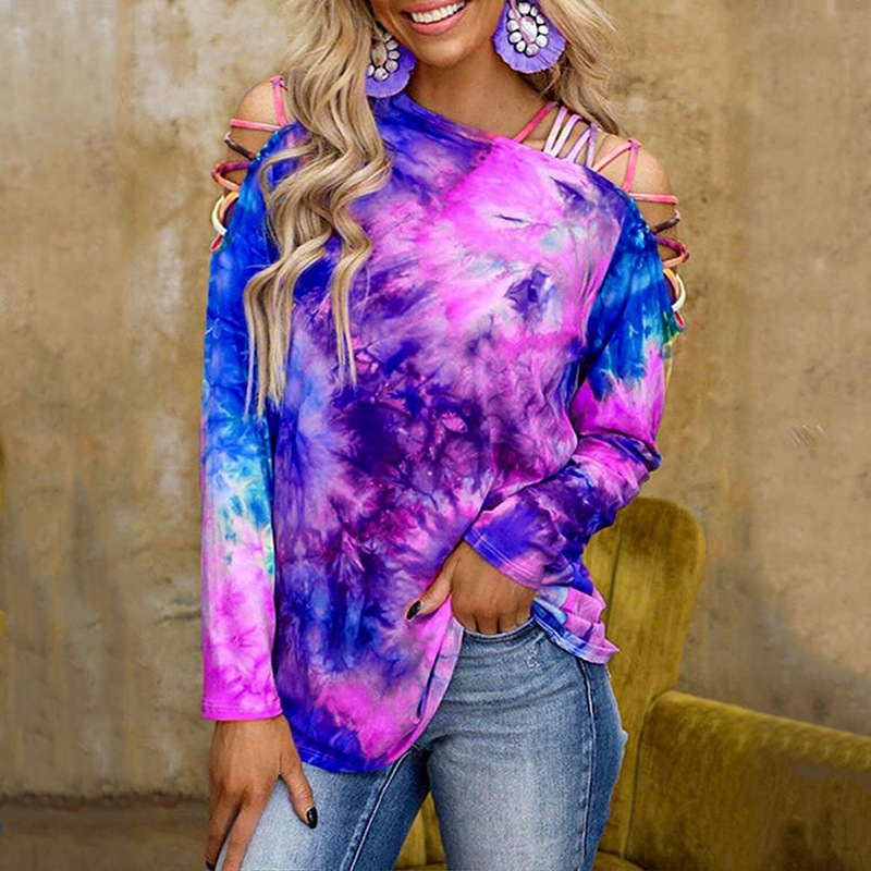 Tie-Dye Printed Long-Sleeved Off-The-Shoulder Sexy Casual Top T-Shirt Women