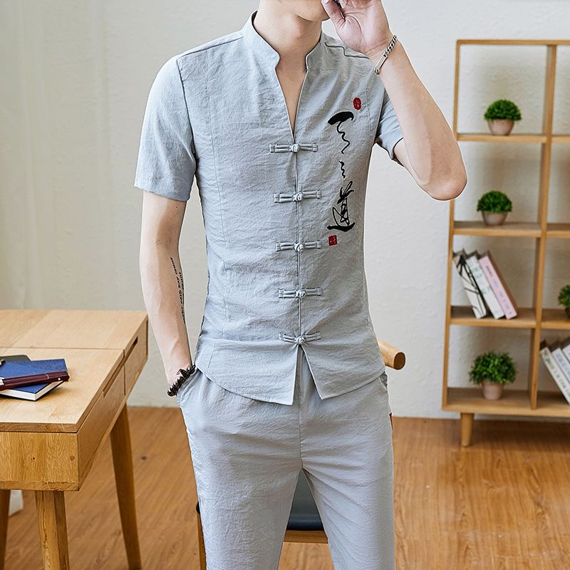 Men's Casual Fashion Cotton Linen Embroidered Top Pants Set