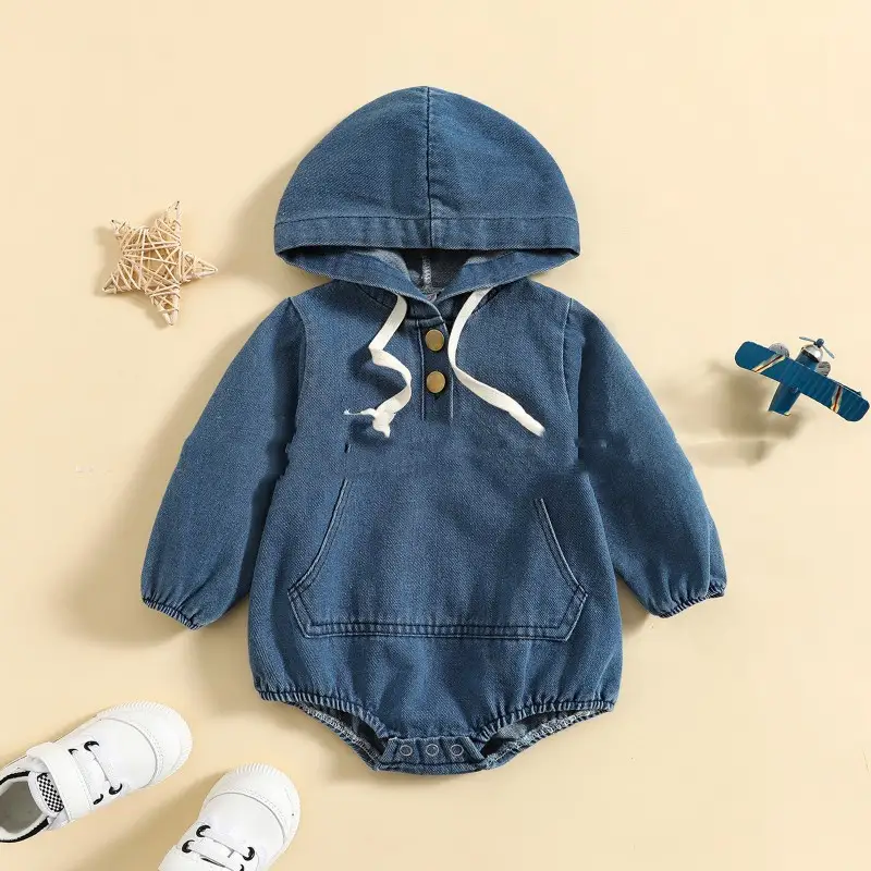 Boys' Denim Hooded Triangle Rompers Outing Jumpsuit