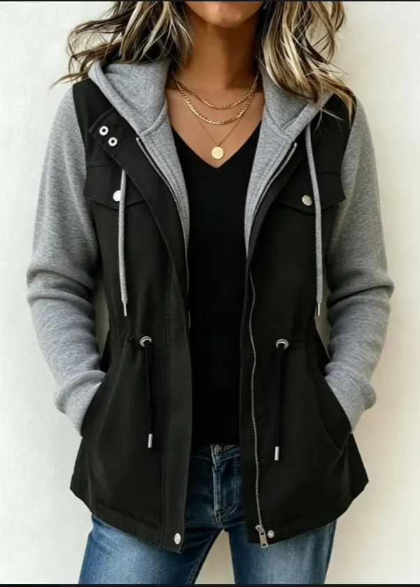 Women Faux Two-Piece Hooded Cargo Jacket Drawstring Waist Casual