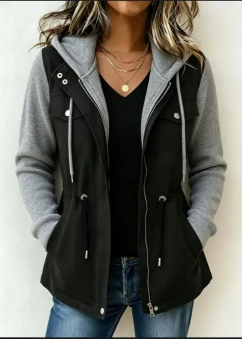 Women Faux Two-Piece Hooded Cargo Jacket Drawstring Waist Casual