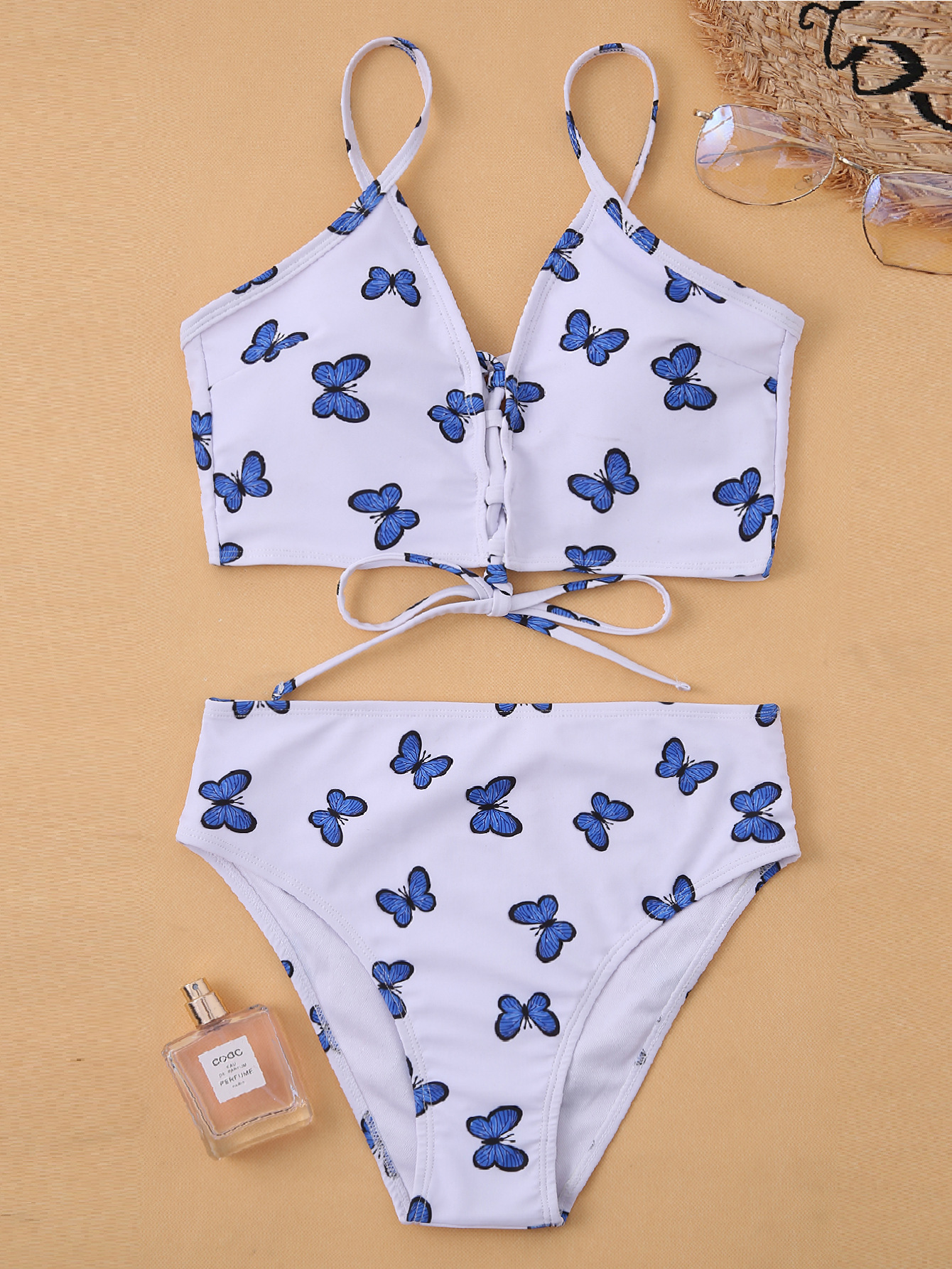 Title 5, Vlinderprint bikini met kant en split, badpak v...