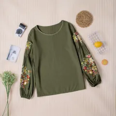 Women's New Embroidered Stitching Simple Casual Lantern Sleeve Top Women - Red - View 1