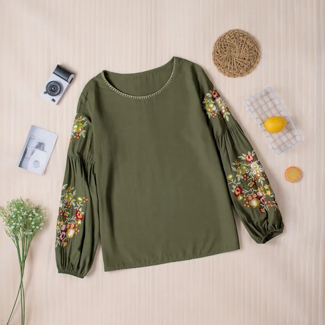 Women's New Embroidered Stitching Simple Casual Lantern Sleeve Top Women Red - Shop at LoveMi