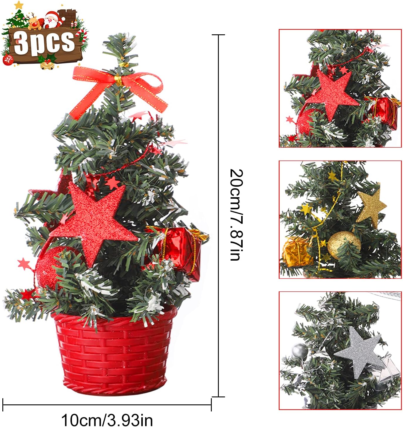 Small Christmas Tree With Decorations Set - Artificial Tabletop Christmas Tree For Desk Display, Festive Christmas Tree Ornament  Pack Of 3 Mini Small Christmas Trees For Table — foto 6