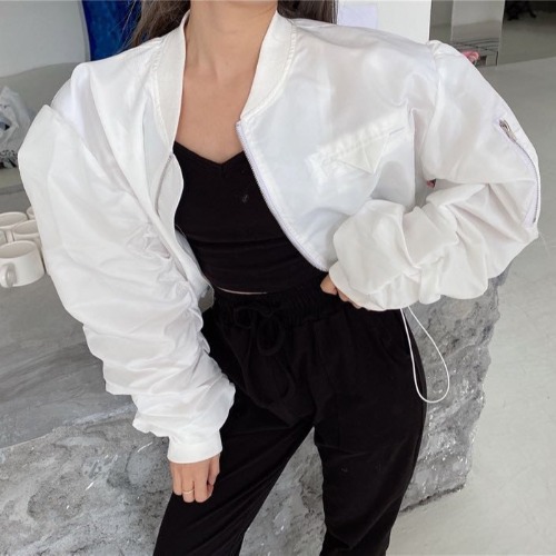 Baseball Uniform Zipper Solid Color Pleated Jacket