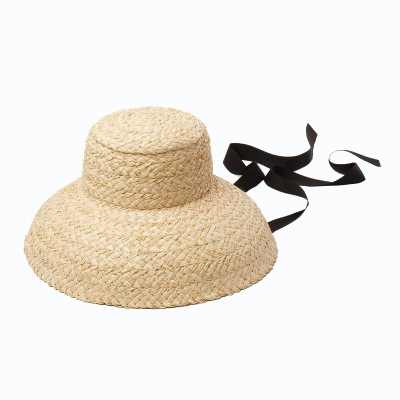 Hand-woven Raffia Hat With Retro Flat Top Drooping Brim And Straps