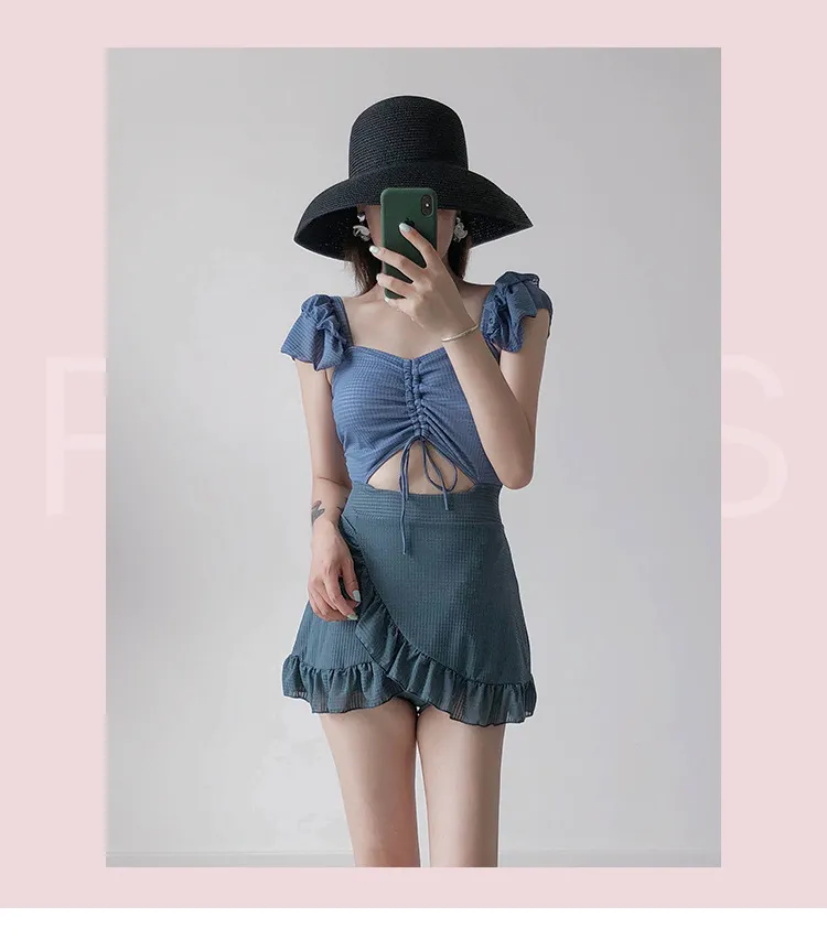 One-piece Girly Skirt-style One-piece Slim Swimsuit - Blue
