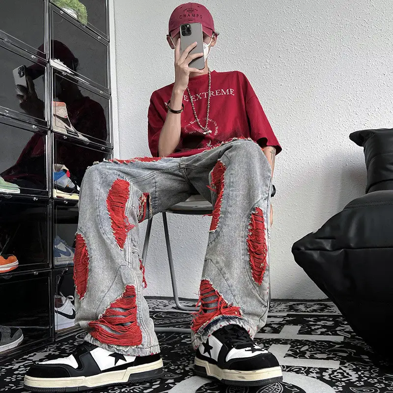 Green Ripped Jeans for Men Raw Embroidery