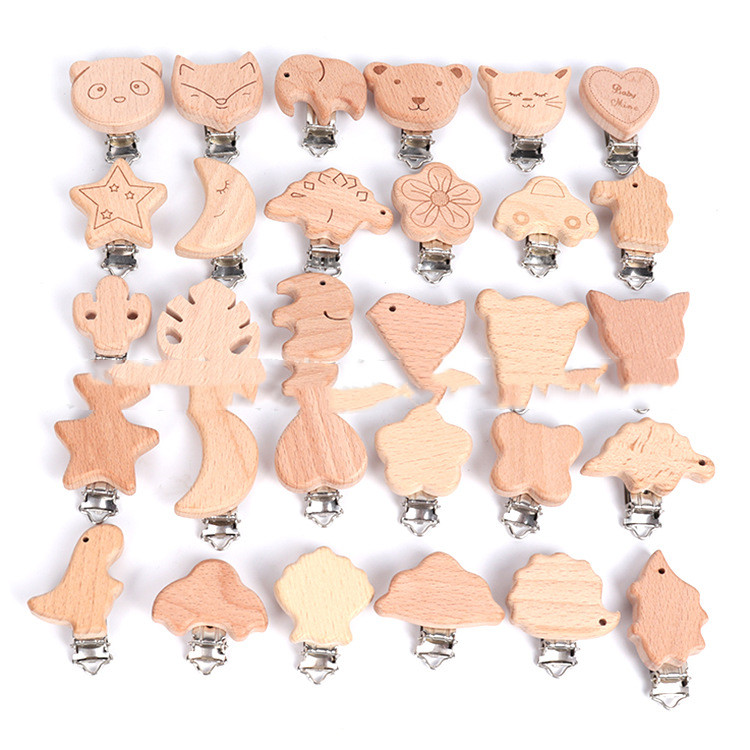 DIY Log Color Beech Wood Laser Carving Anti Drop Pacifier Clip