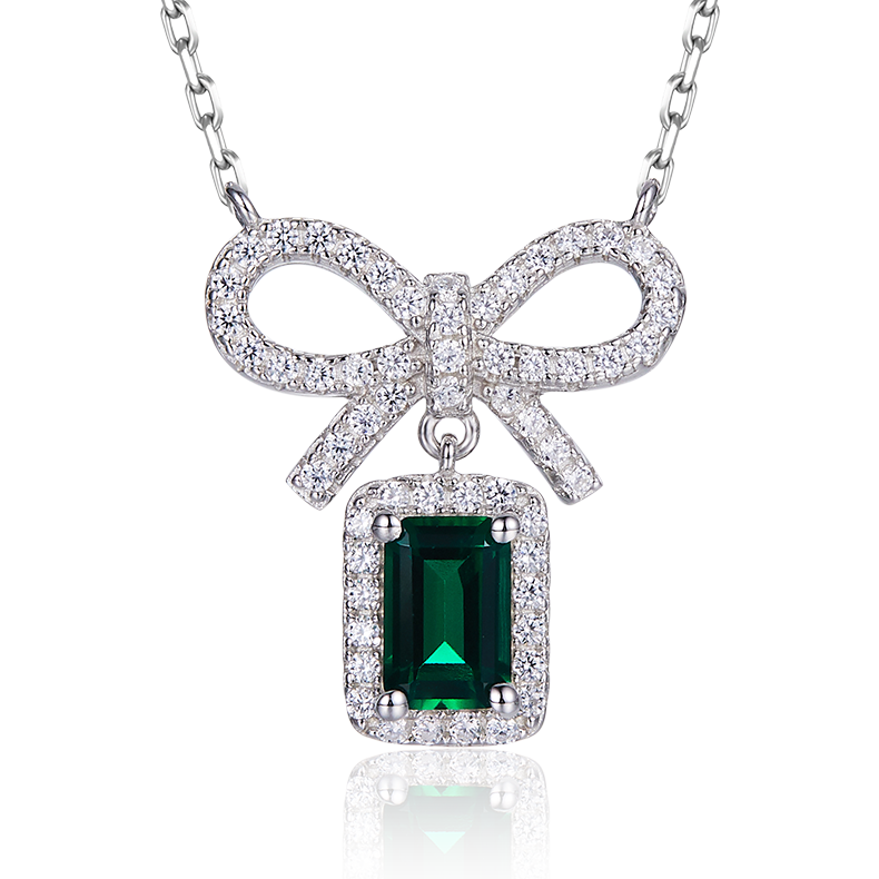 Emerald Lab Stone Bow Silver Necklace – image 1