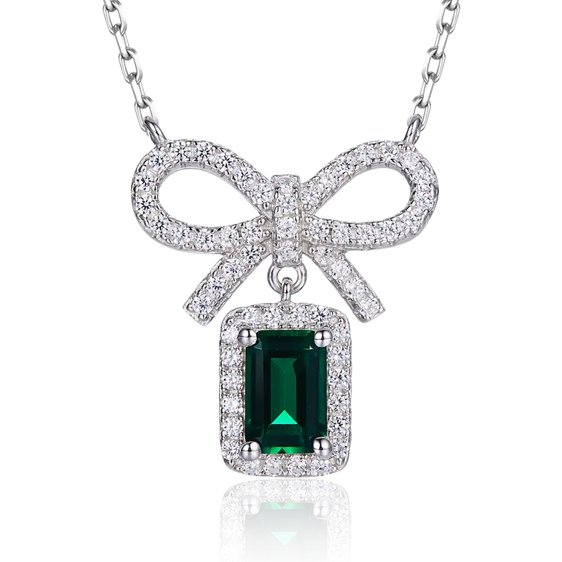 S925 Silver 2.6g Lab-Created Emerald Bow Necklace