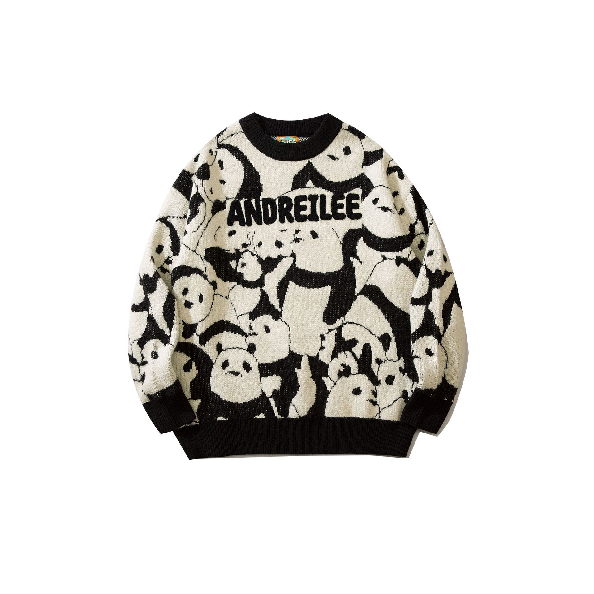 Men's Japanese Vintage Panda Jacquard Crewneck Knit Tide Brand Loose Sweater