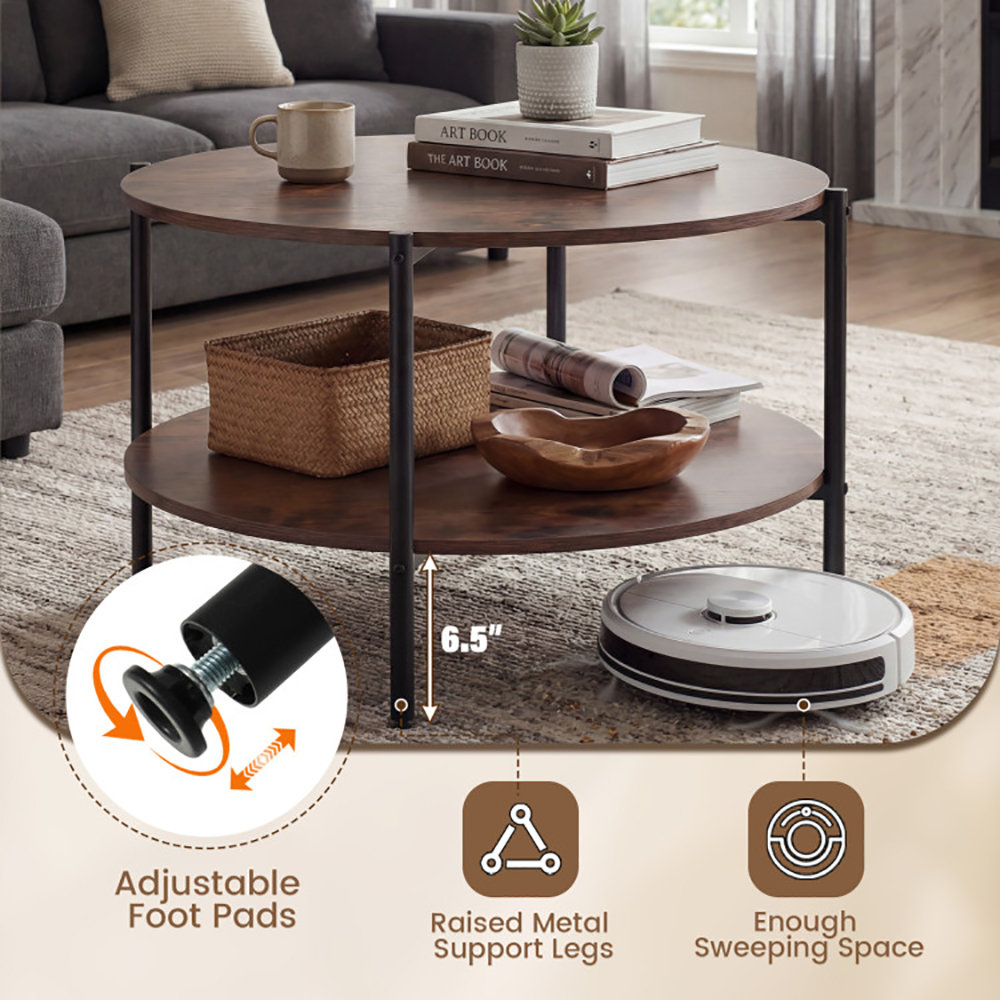 Round Coffee Table 2-Tier Industrial Accent Table With Open Storage Shelf With Adjustable Foot Pads For Apartments And Compact Spaces