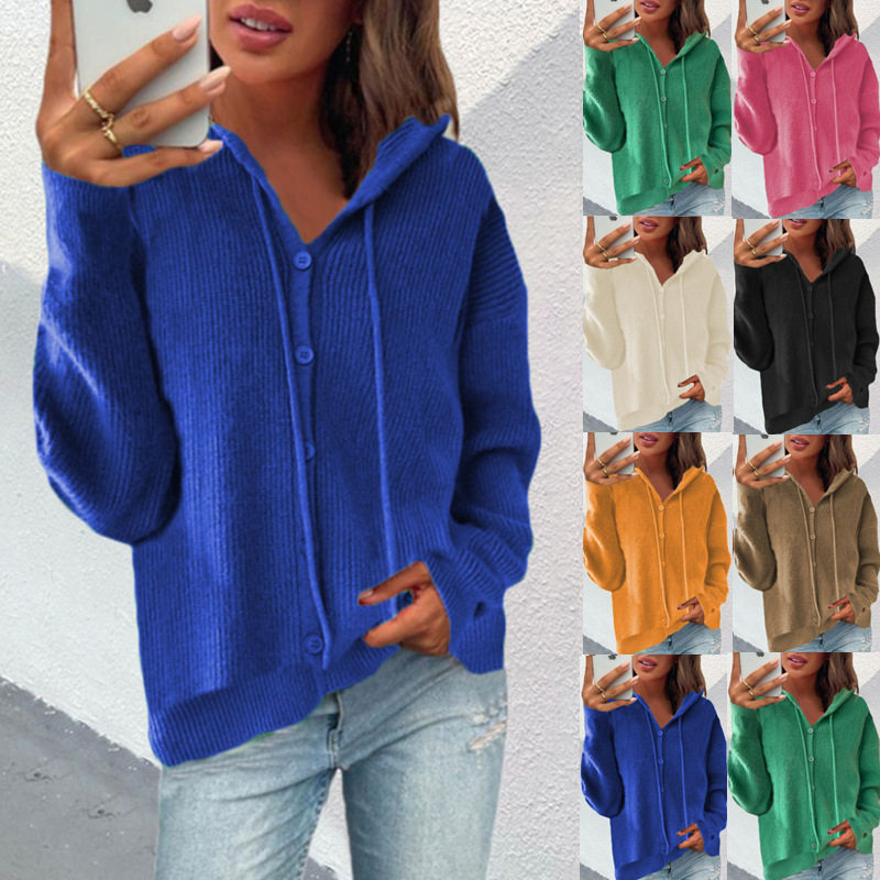 Women's Solid Color Hooded Sweater Button Jacket