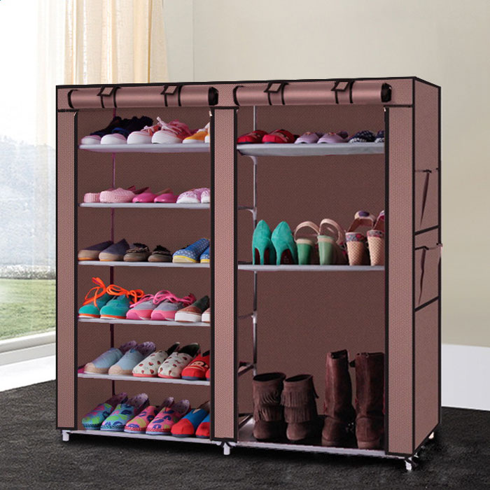 Double Row 9-grid Non-woven Shoe Cabinet Boots In Coffee Color