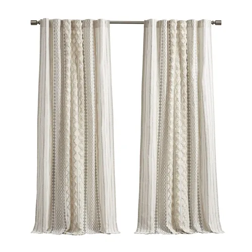 Cotton Printed Curtain Panel With Chenille Stripe And Lining Ivory 50x84 Multicolor - Shop at LoveMi
