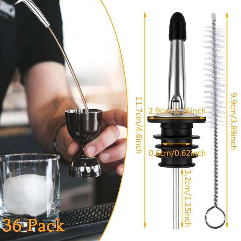 36-Piece Speed Pourers Set With Free Dust Caps, Stainless Steel Bottle Pourers For Spirits, Leakproof Tapered Spout, Bar Accessories For Home, Bar & Restaurant Use