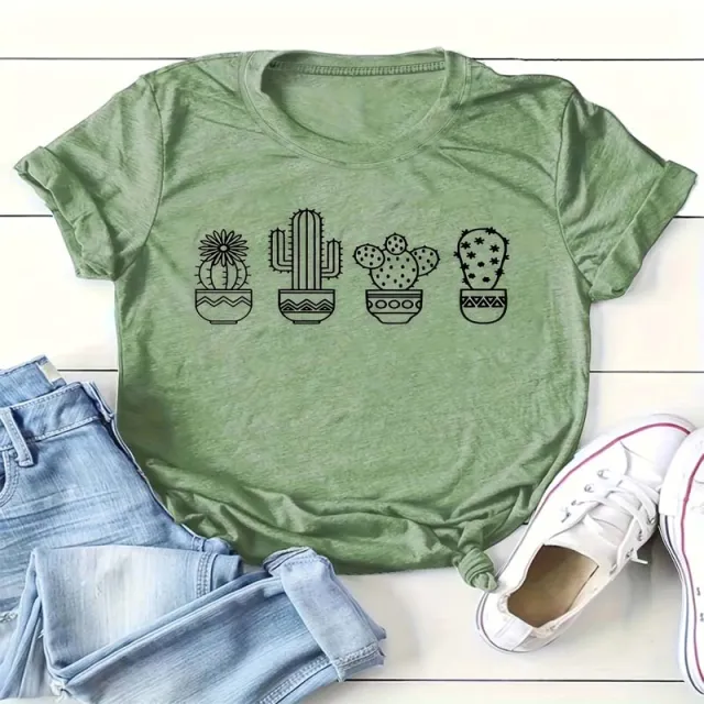 Women'S Casual Crew Neck Short Sleeve T Shirt With Cactus Potted Plant Summer Essential Top Green - Shop at LoveMi