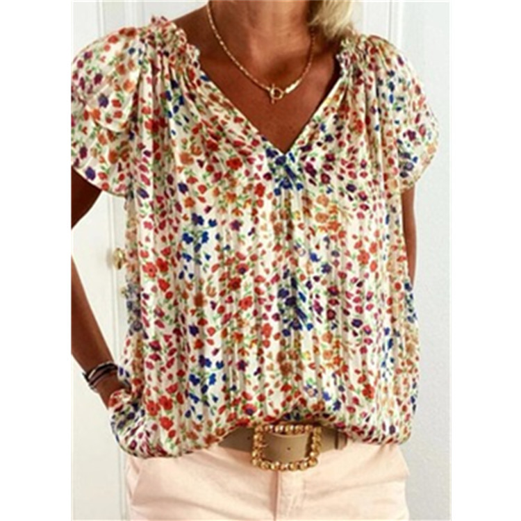 Title 3, New Printed Pleated V-Neck Short Sleeve Top