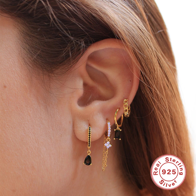 S925 Sterling Silver Tassel Chain Petals Crystal Ear Clips