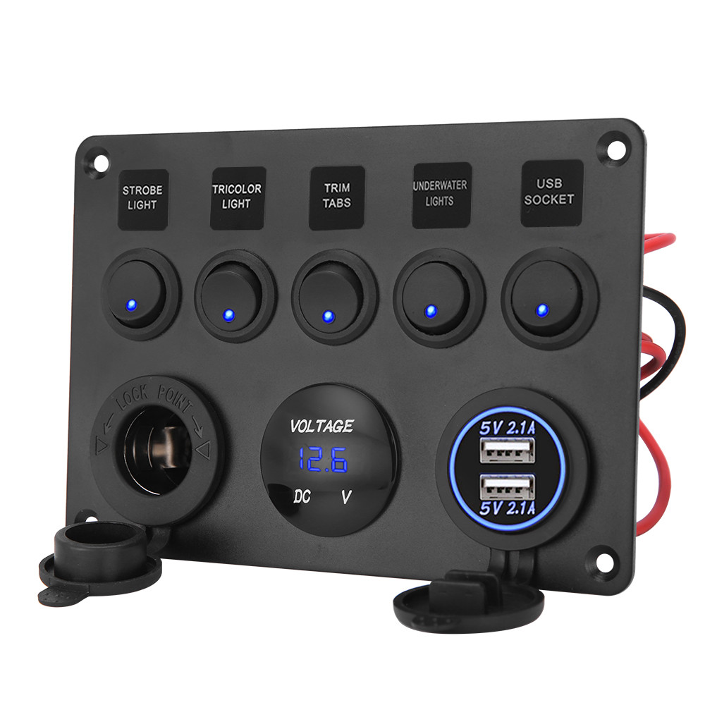 12V  Panel USB Charger 5 GANG ON-OFF Toggle LED Rocker For Car Boat Marine