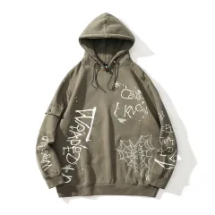 High Street Hip Hop Graffiti Embroidered Print Hoodie - Green - View 1