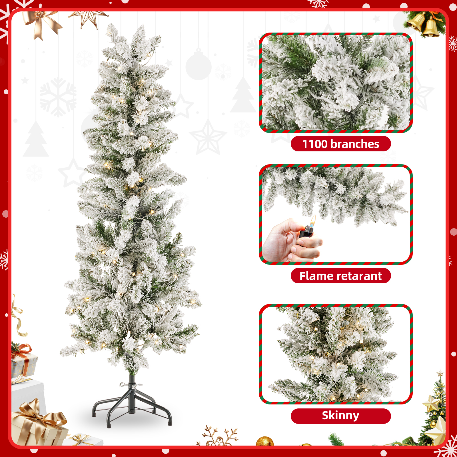 Pencil Christmas Tree, Prelighted Artificial Slim Christmas Trees With 250 Incandescent Lights, 571 Branch Tips & Foldable Base image 14
